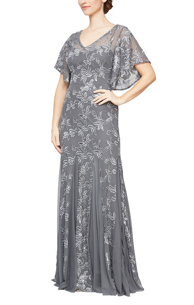 Alex Evenings 81171216 - Flutter Sleeve Floral Designed Gown In Gray