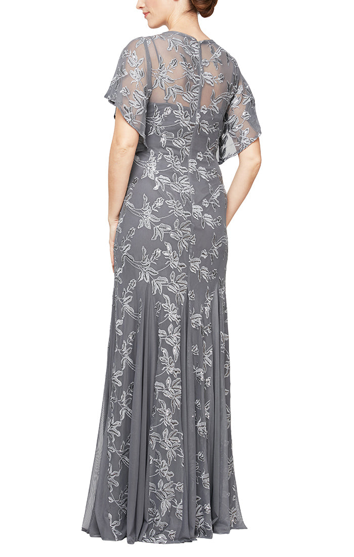 Alex Evenings 81171216 - Flutter Sleeve Floral Designed Gown In Gray