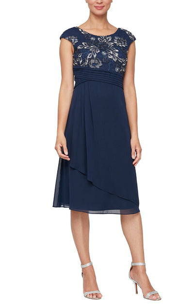 Alex Evenings 81171376 - Pleated Empire Embroidered Midi Dress In Blue and Silver