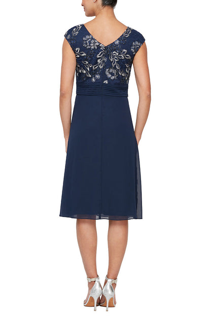 Alex Evenings 81171376 - Pleated Empire Embroidered Midi Dress In Blue and Silver