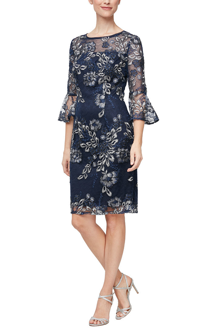Alex Evenings 81171384 - Floral Embroidered Flutter Sleeve Dress In Blue and Silver