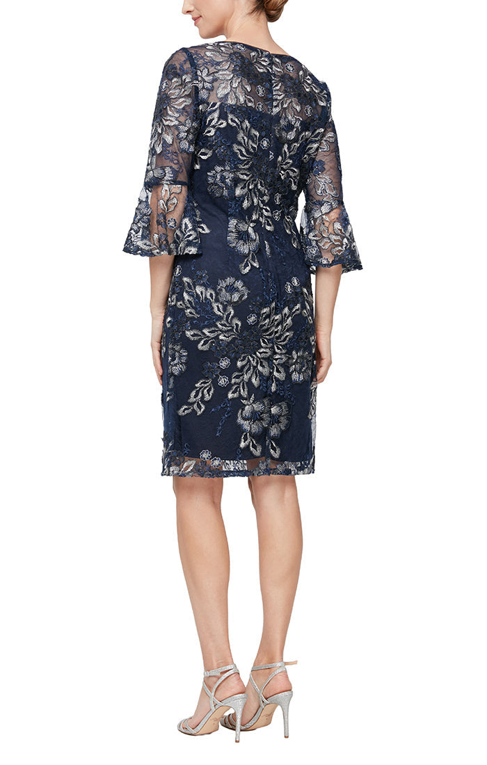 Alex Evenings 81171384 - Floral Embroidered Flutter Sleeve Dress In Blue and Silver