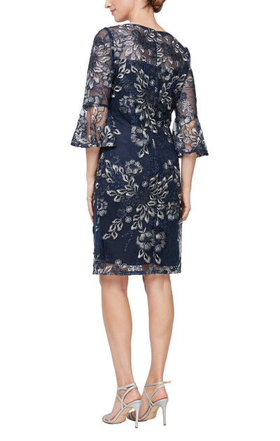 Alex Evenings 81171384 - Floral Embroidered Flutter Sleeve Dress In Blue and Silver