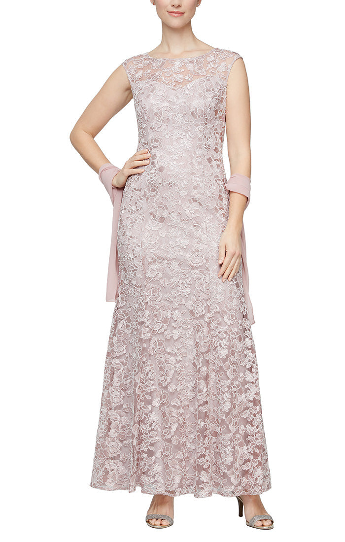 Alex Evenings 8117912 - Floral Embroidered Lace A-line Full Gown In Pink and White