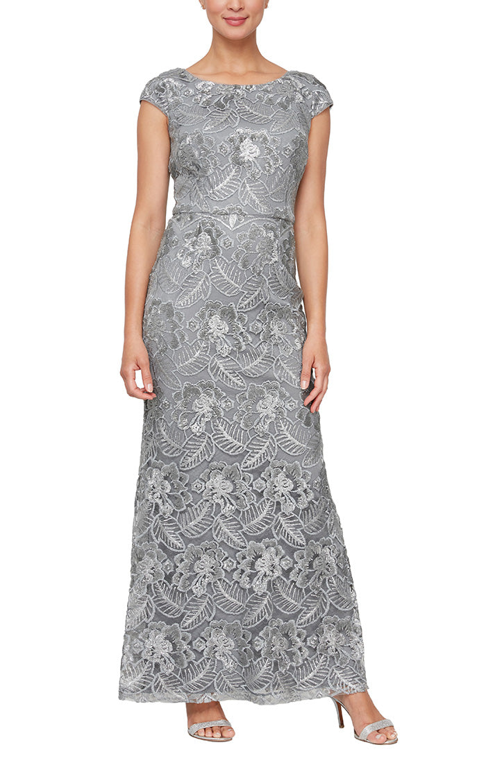Alex Evenings 8217922 - Cap Sleeve Embroidered Evening Dress In Gray