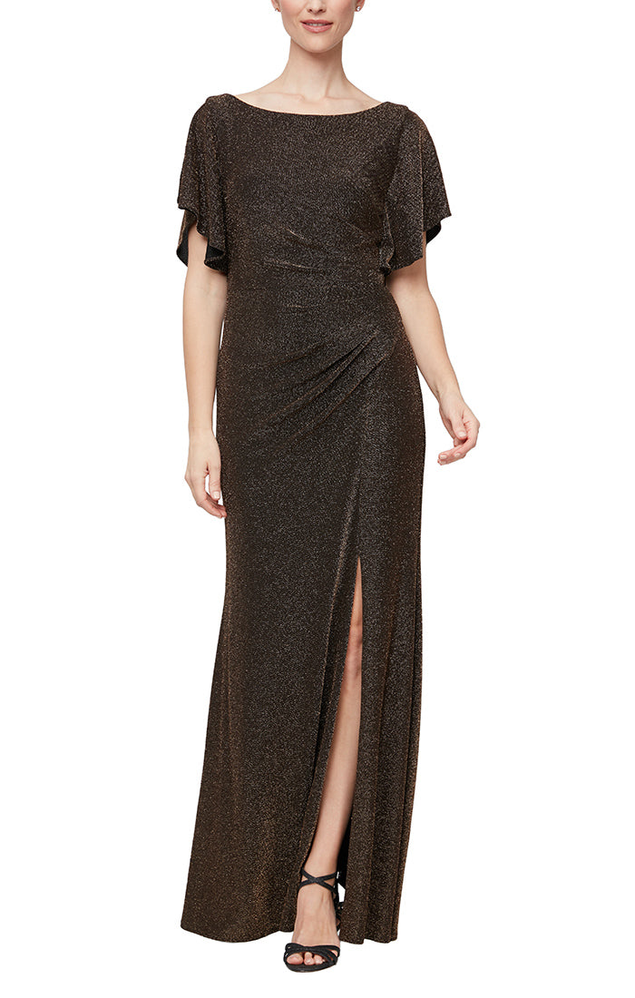 Alex Evenings 8227630 - Flutter Sleeves Metallic Evening Gown In Black and Gold