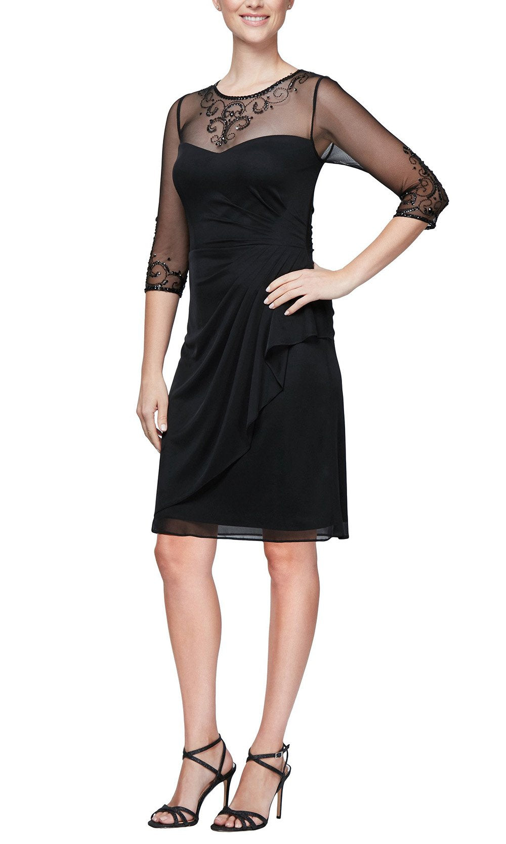 Alex Evenings - 8132918 Beaded Illusion Quarter Sleeve Draped Dress In Black