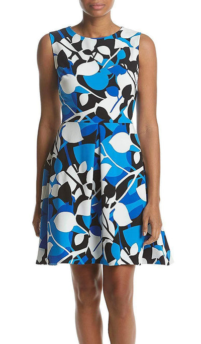 Taylor - 9612MJ Printed Jewel Neck Pleated A-line Dress In Blue and Multi-Color