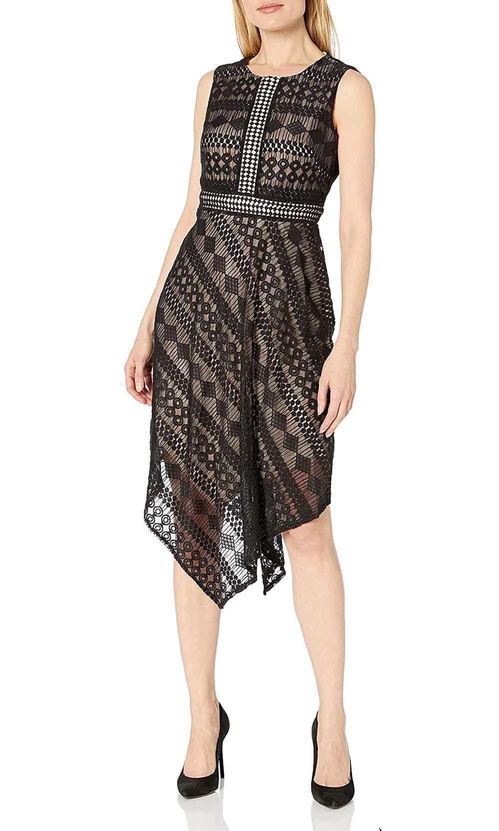 London Times - L1883M Sleeveless Lace Handkerchief Hemmed Dress In Black and Neutral
