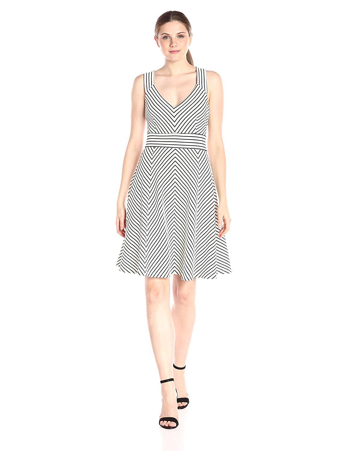 Adrianna Papell - 12255150 Sleeveless Striped Ottoman Knit Sundress In White and Black