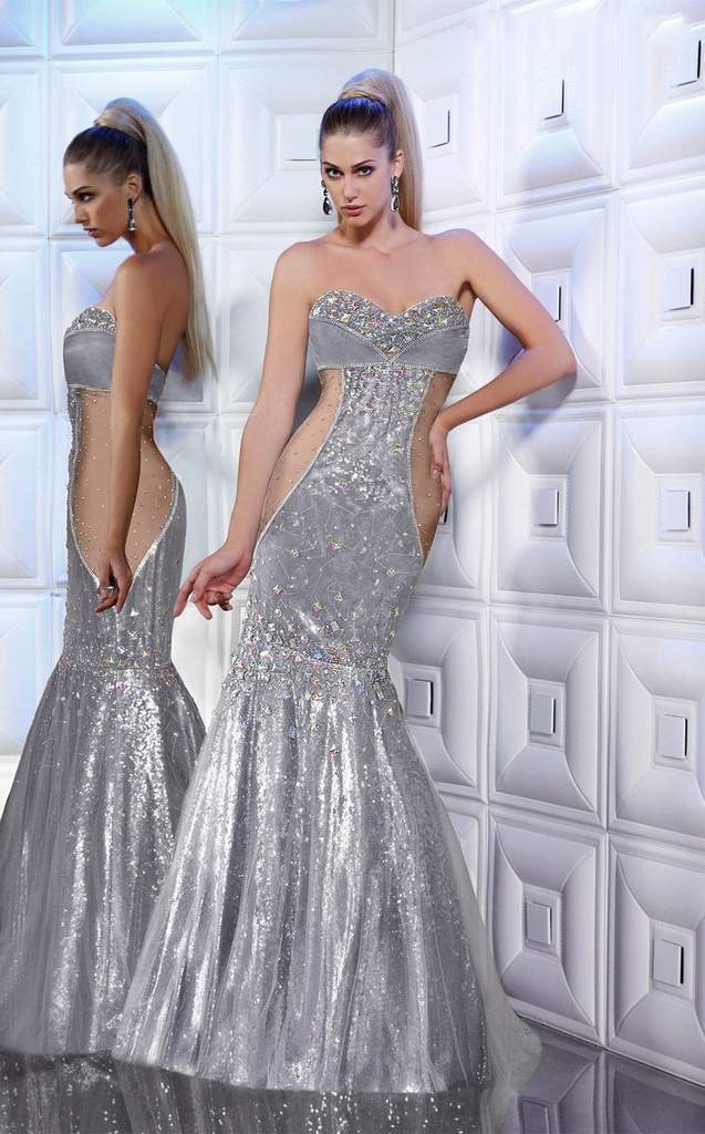 MNM Couture Ornate Illusion Paneled Gown 8181 In Silver