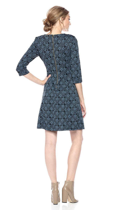 Taylor - 9209M V Neck Jacquard Quarter Length Sleeve Short Dress In Blue and Black