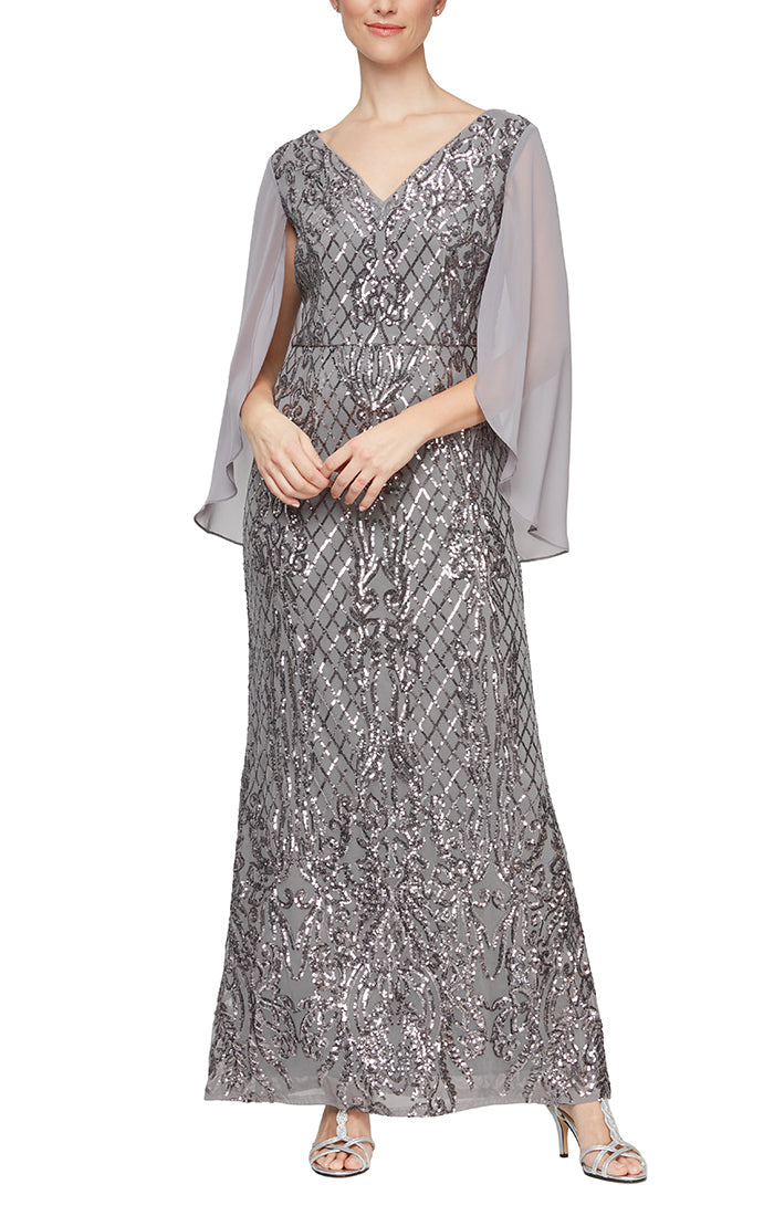 Alex Evenings 8196725 - V-Neck Capelet Sleeve Evening Gown In Gray