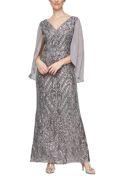 Alex Evenings 8196725 - V-Neck Capelet Sleeve Evening Gown In Gray