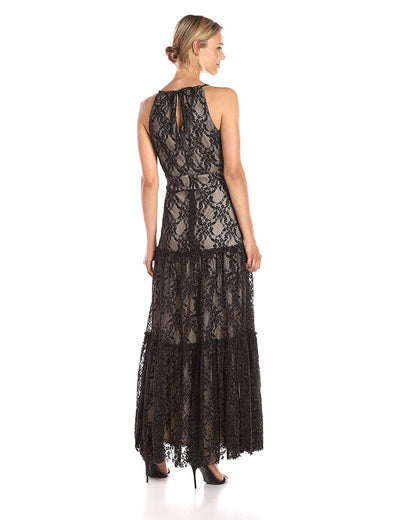 Taylor - 9003M Embroidered Halter Strap A-Line Evening Dress In Black and Neutral