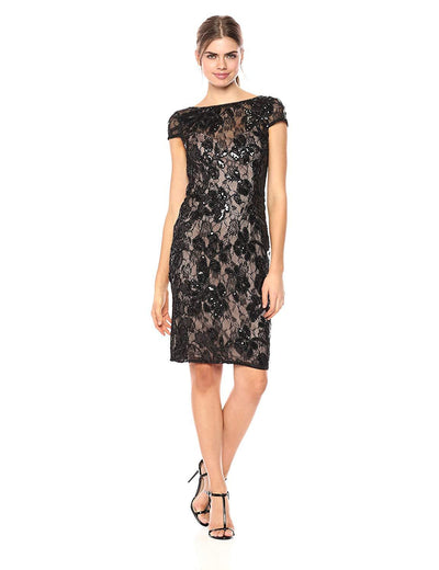 Adrianna Papell - AP1E201934 Embroidered Sequined Bateau Sheath Dress In Black