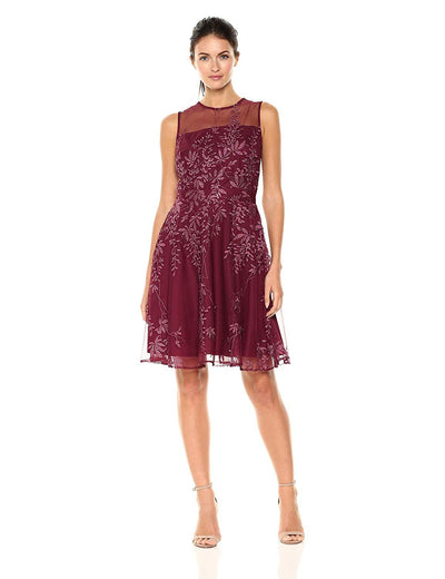 Gabby Skye - 17449MU Floral Metallic A-Line Cocktail Dress In Red