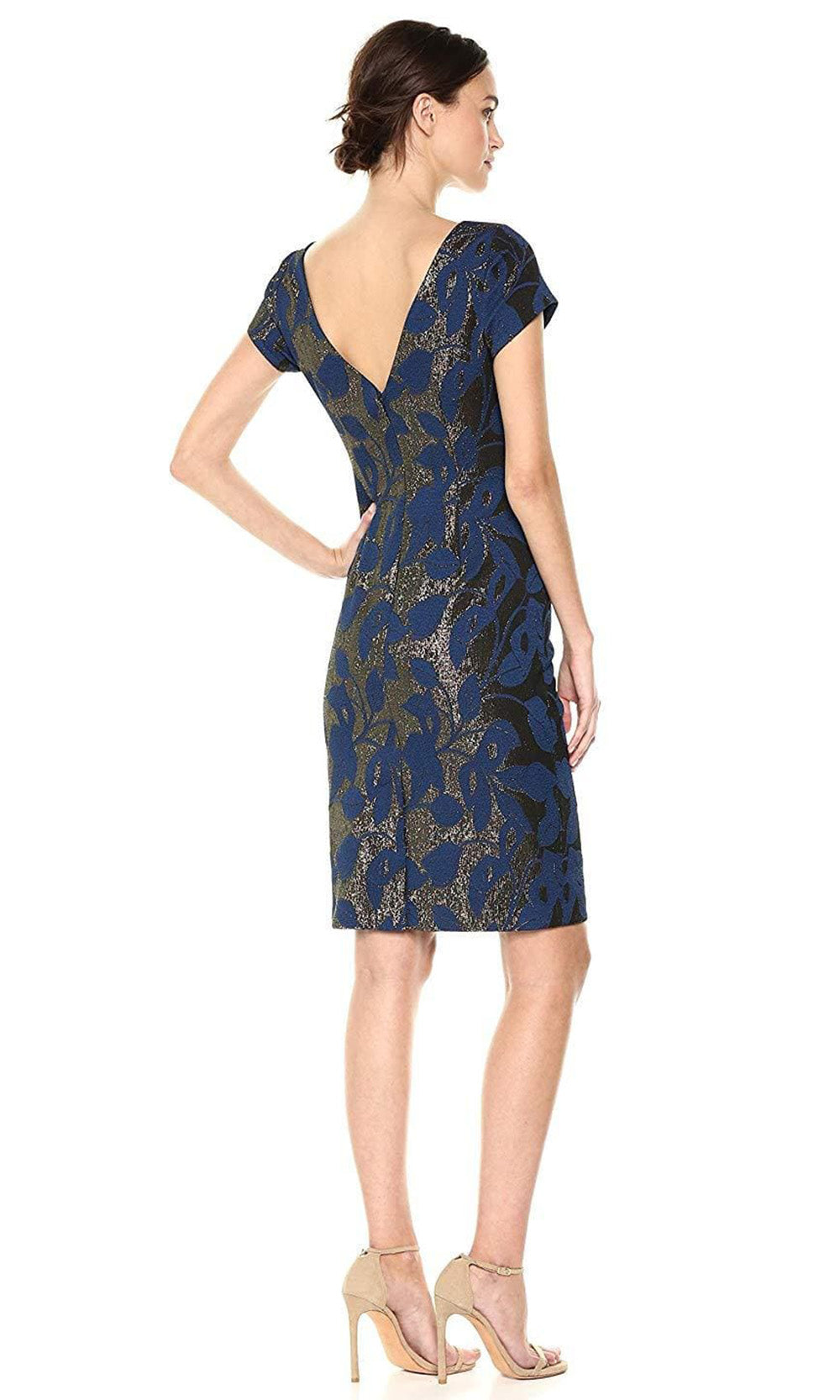 Adrianna Papell - AP1D101402SC Floral Jacquard Deep V-Open Back Dress In Blue