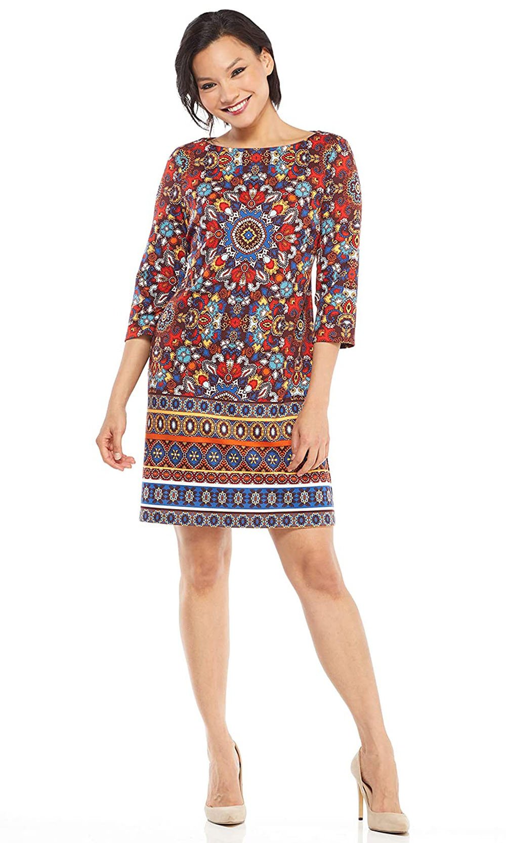 London Times - T3429M Multi-Print Long Sleeve Shift Dress In Red and Multi-Color