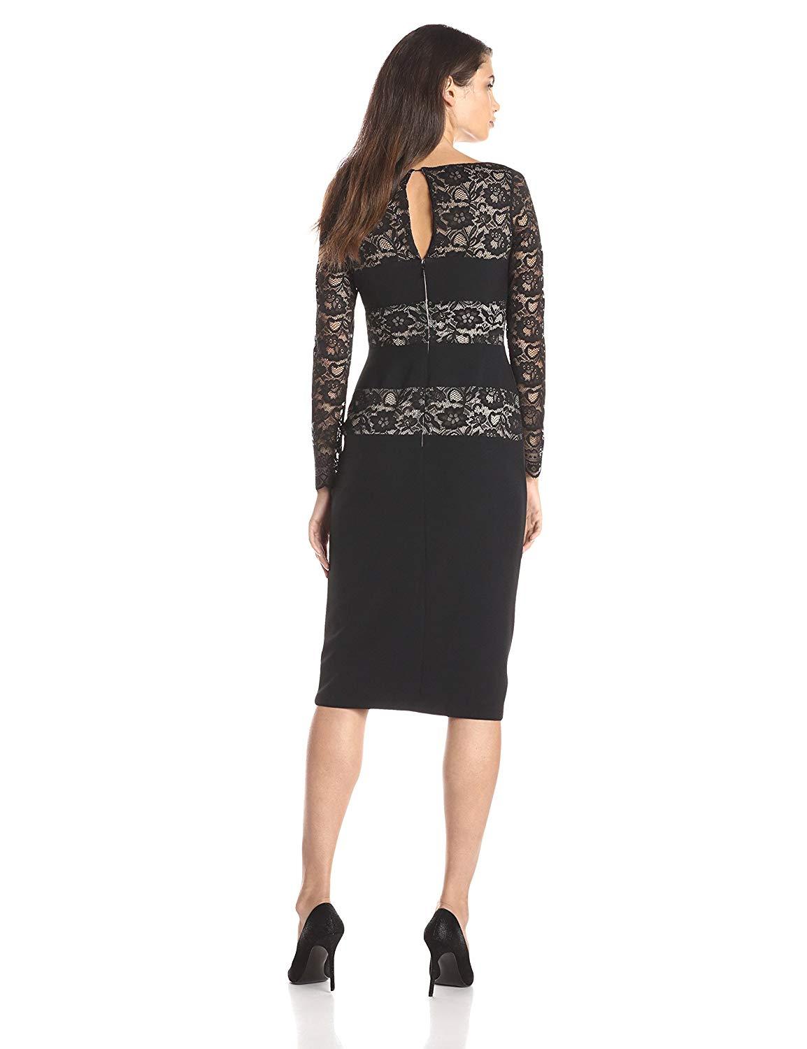 London Times - L1431M Knee Length Long Sleeve Colorblock Lace Dress In Black and Neutral