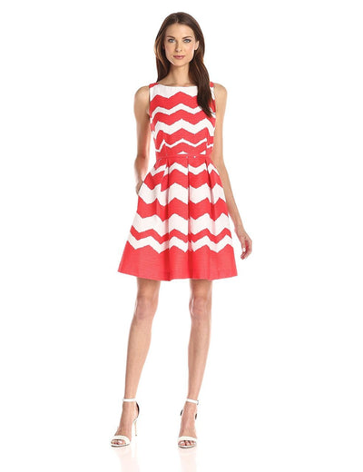Taylor - Pleated Chevron Jacquard Dress 5445M in Red and White