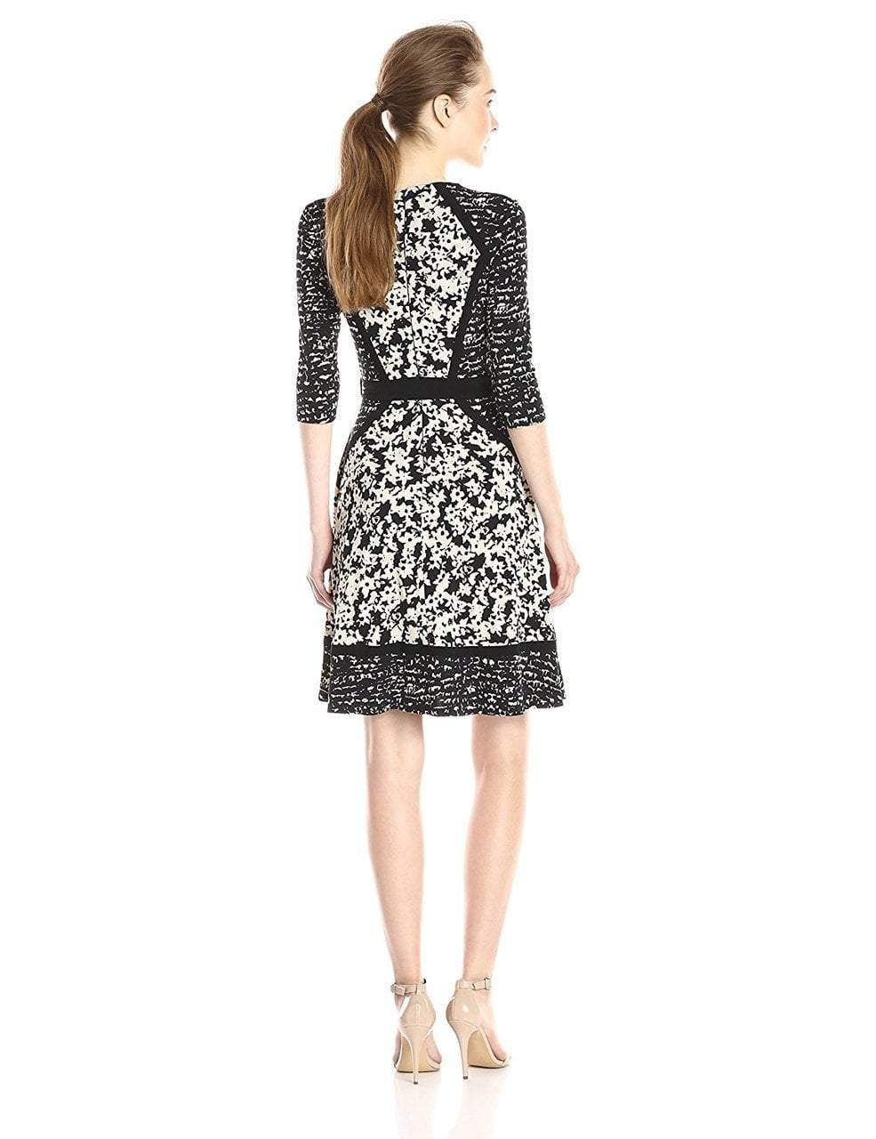 Taylor - 5708MX V-Neck Wrap Print Dress in Black Cream