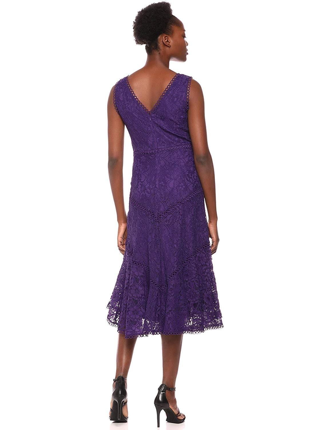Taylor - 1144M Sleeveless Loops Trimmed V Neck Hi-Lo Hem Lace Dress In Purple