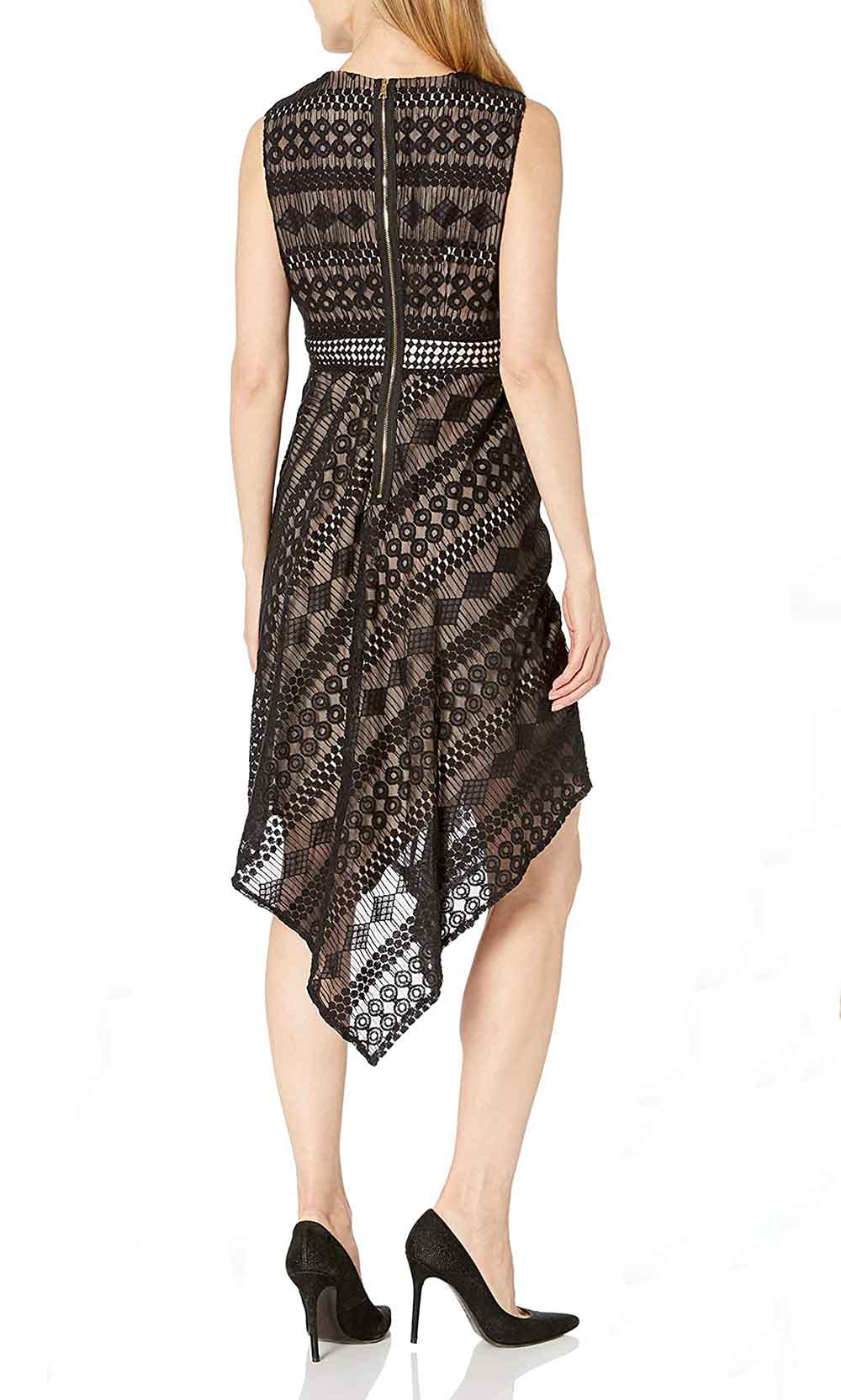London Times - L1883M Sleeveless Lace Handkerchief Hemmed Dress In Black and Neutral