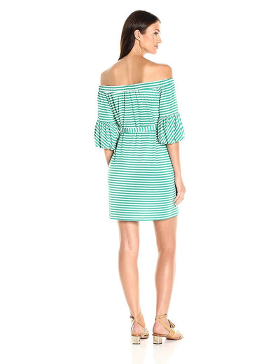Donna Morgan - D5259M Striped Off Shoulder Bell Sleeve Dress in Green and White