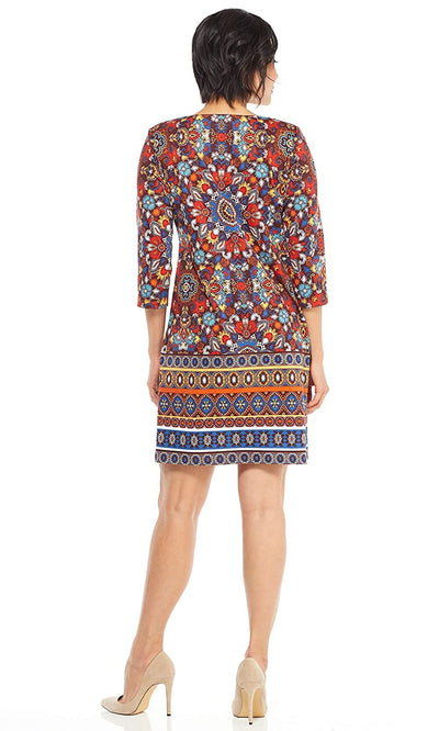 London Times - T3429M Multi-Print Long Sleeve Shift Dress In Red and Multi-Color