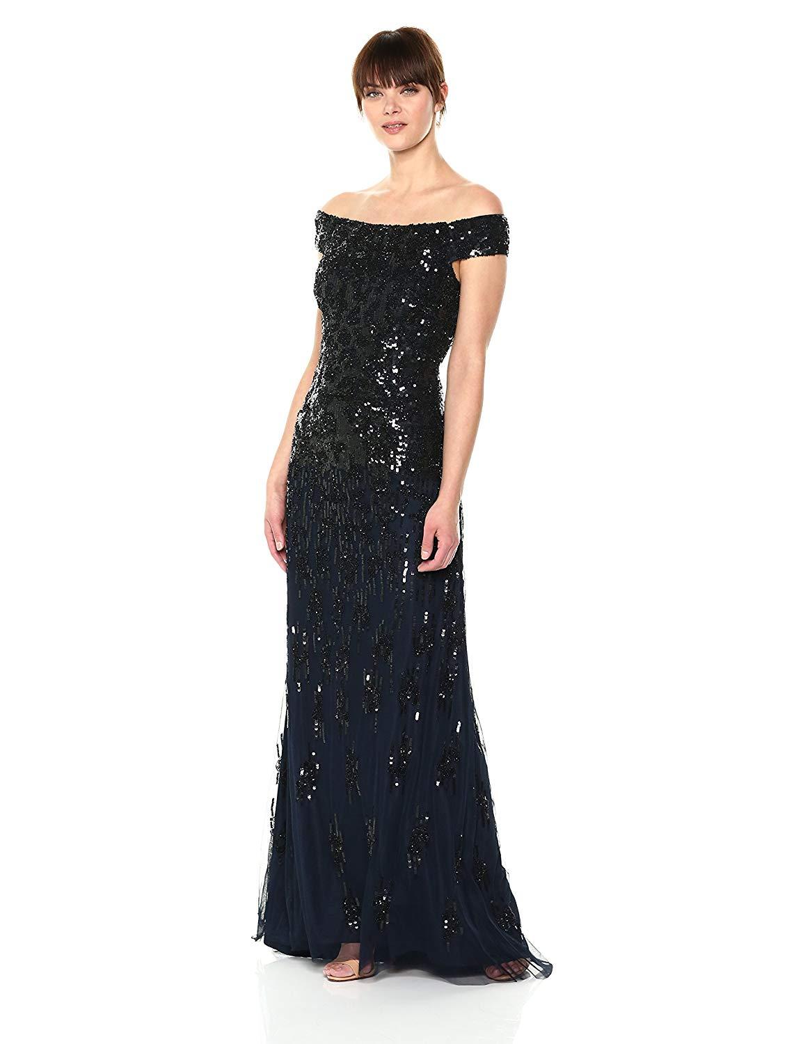 Adrianna Papell - AP1E202441 Embellished Off-Shoulder Evening Gown In Blue and Black