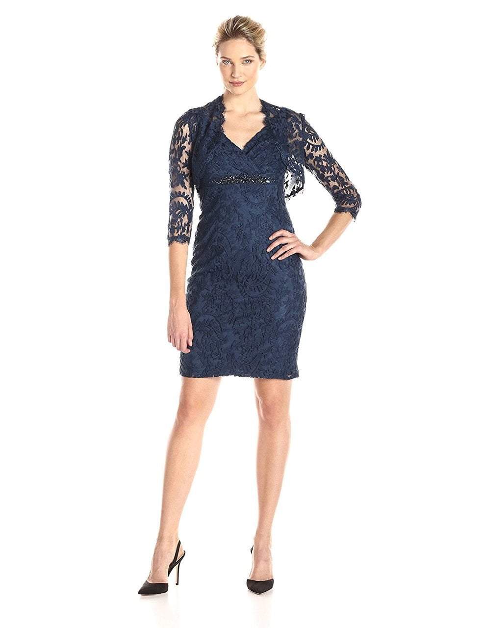 Adrianna Papell - Embellished V-Neck Sheath Dress 15253710 in Blue