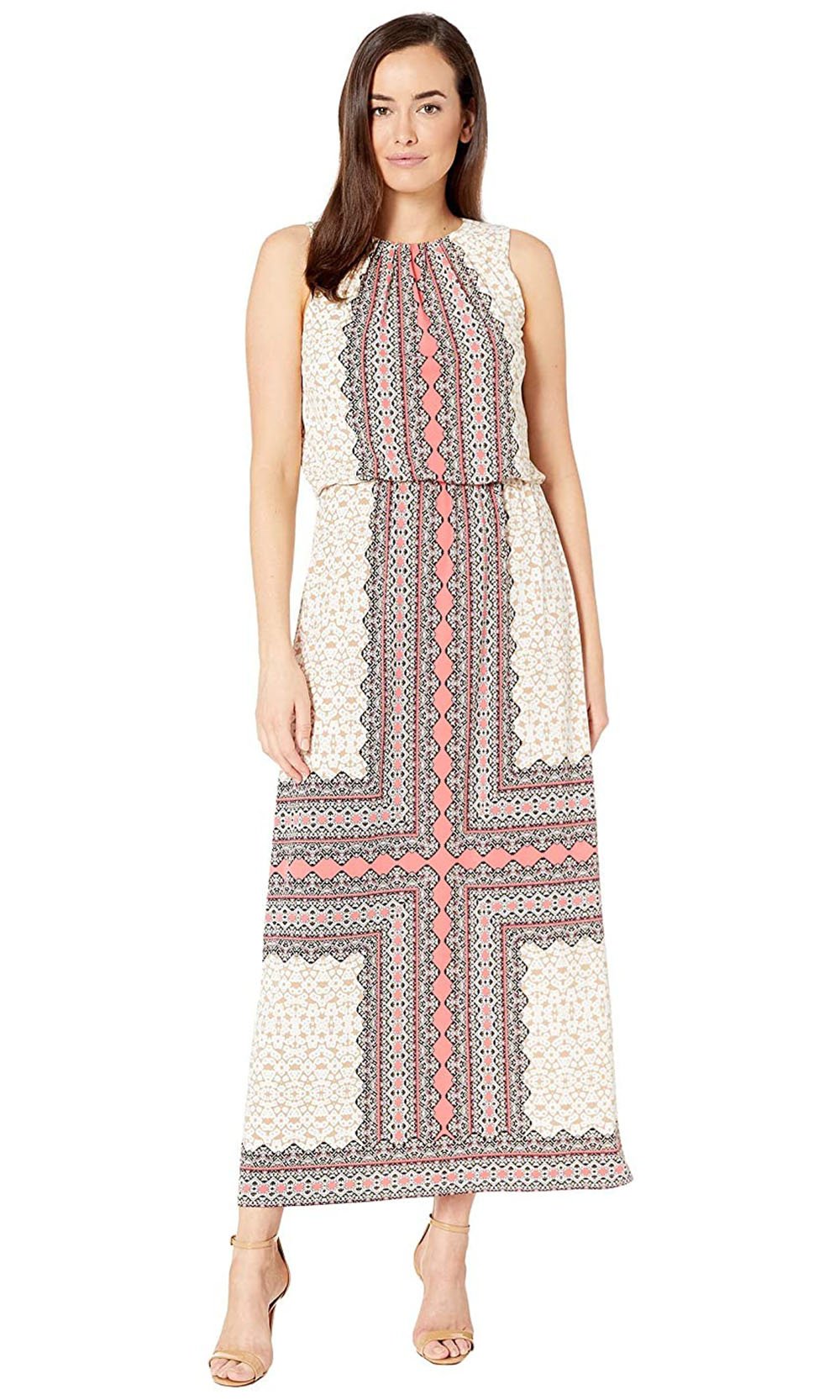 London Times - T4462M Sleeveless Paisley Print Blouson Maxi Dress In Pink and Brown