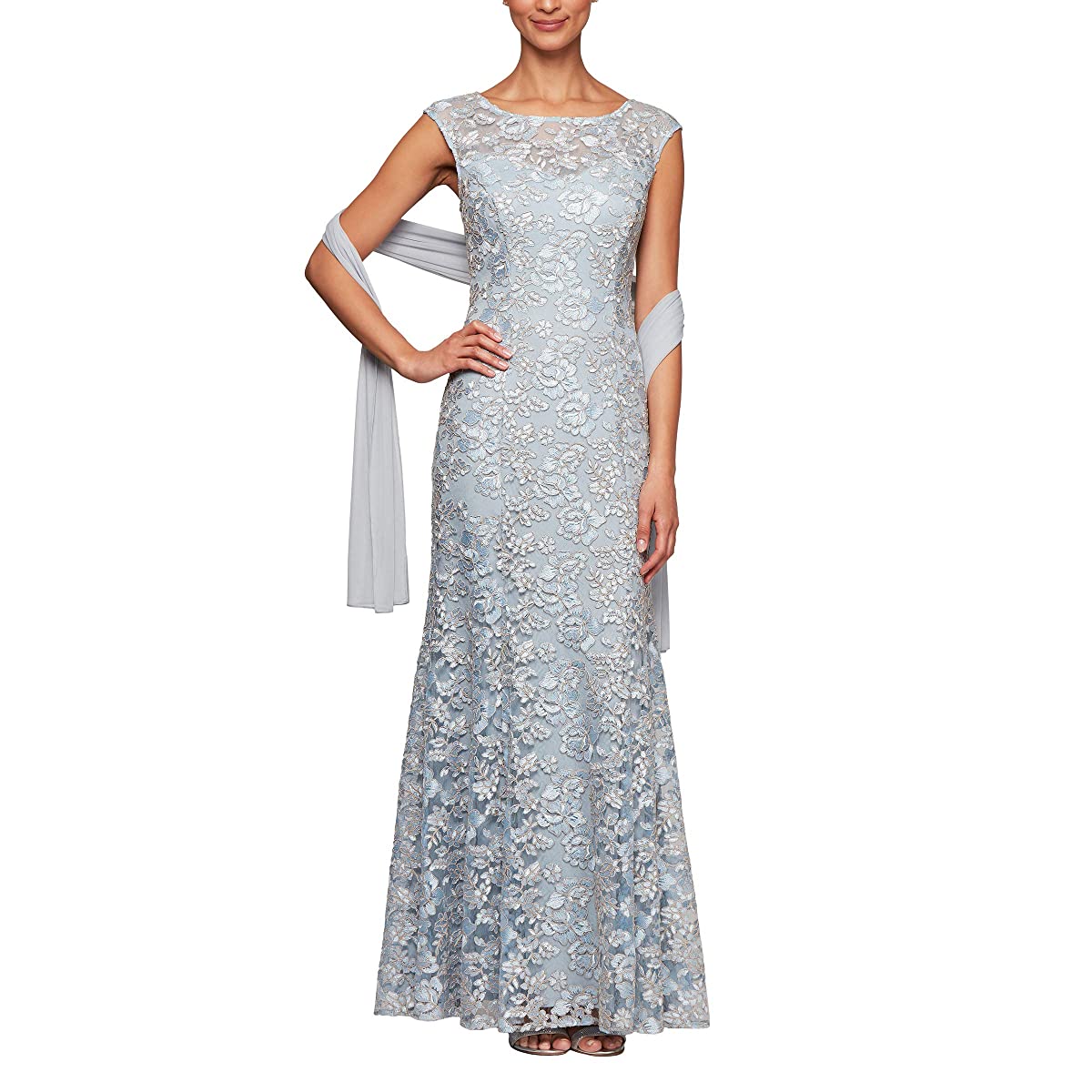 Alex Evenings 8117912 - Floral Embroidered Lace A-line Full Gown In Blue and White