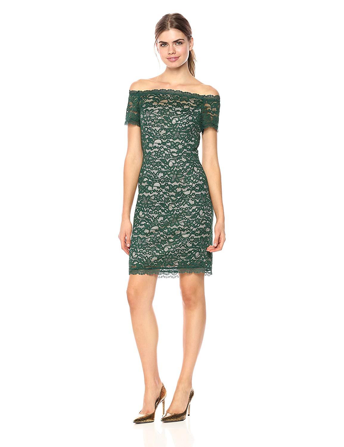 Adrianna Papell - AP1D101379 Off Shoulder Scalloped Lace Dress In Green