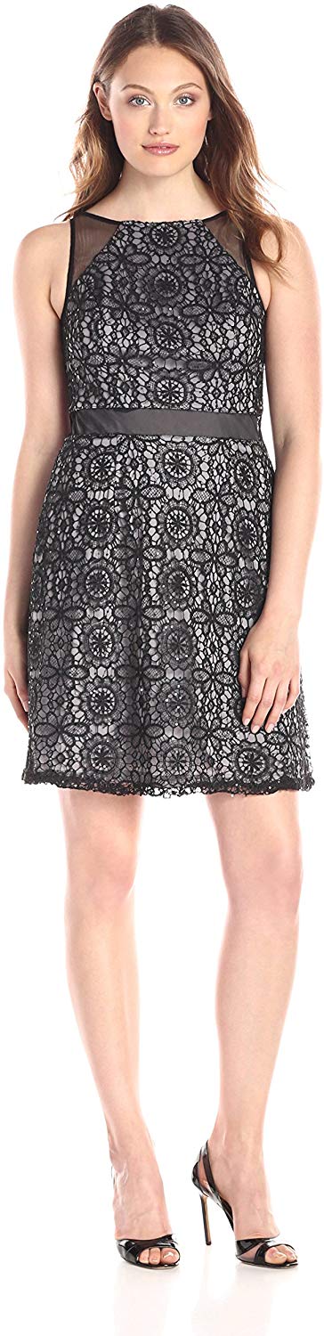 Adrianna Papell - 41908460 Sheer Accented Floral Crochet Lace Dress In Black and Silver