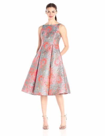 Adrianna Papell - 41926670 Metallic Jacquard Pleated Tea Length Dress in Pink and Multi-Color