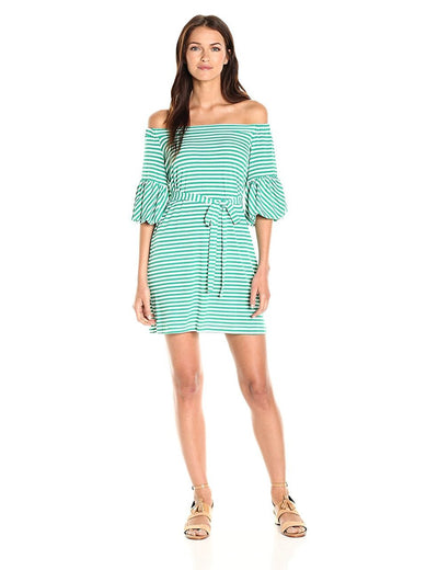 Donna Morgan - D5259M Striped Off Shoulder Bell Sleeve Dress in Green and White
