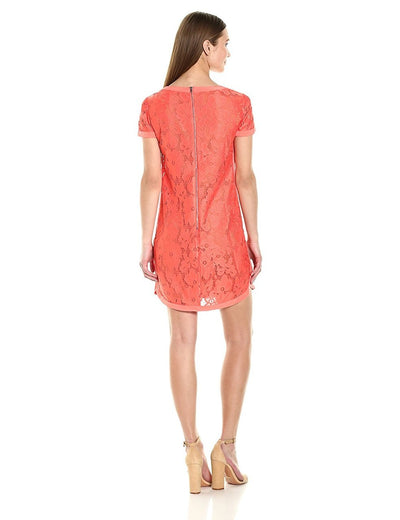 Donna Morgan - D4924M Short Sleeve Floral Lace Mini Dress in Red and Orange