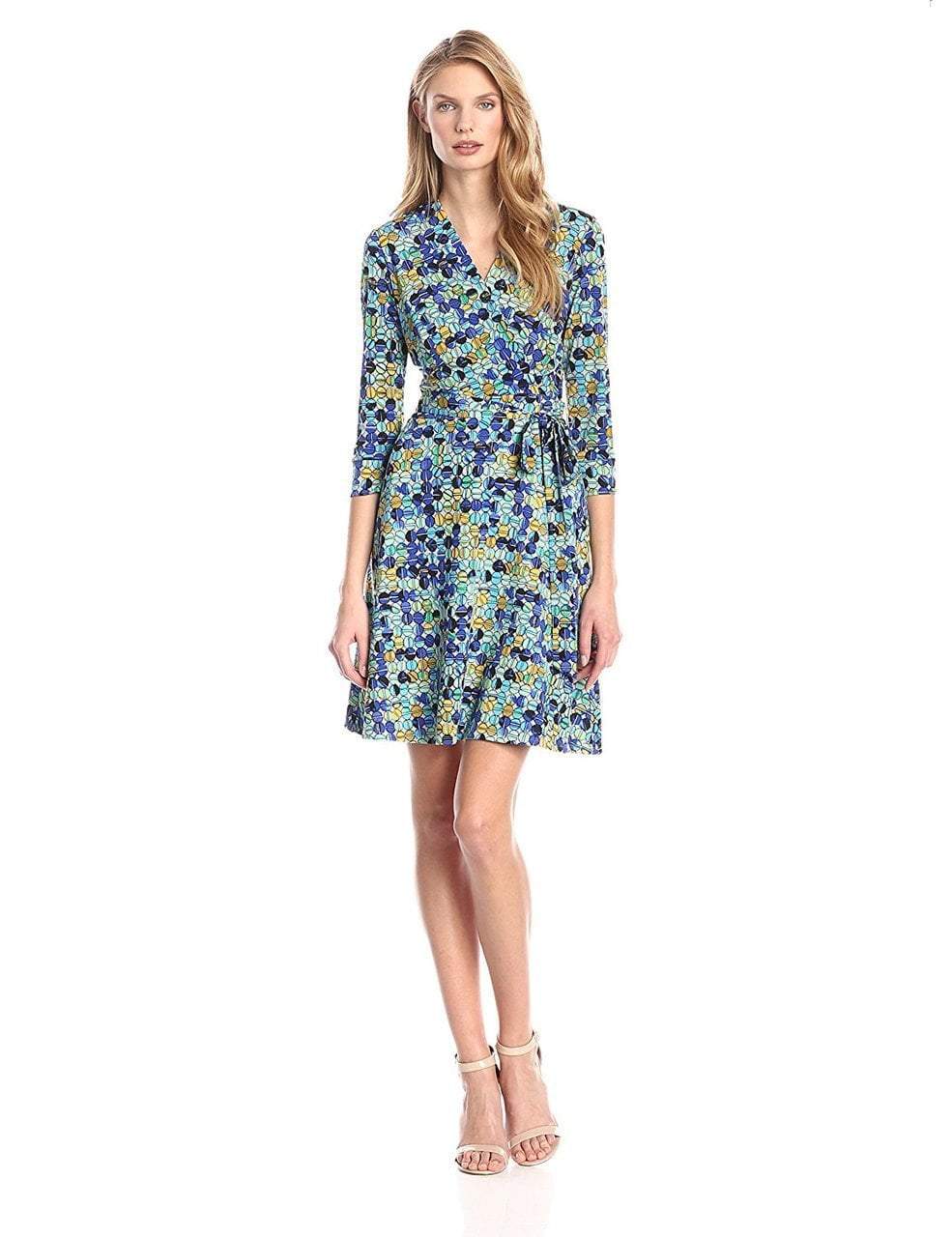 Taylor - Printed V-Neck Tie Waist Scuba Dress 5271M in Green