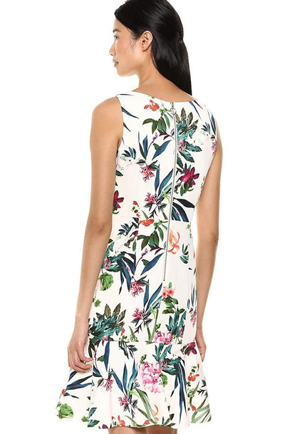 Taylor - 1380M Floral Print Scuba V-neck A-line Dress In White and Multi-Color