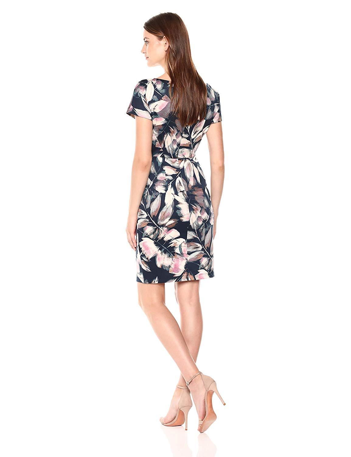 London Times - T3534M Floral Print Bateau Sheath Dress In Blue and Pink