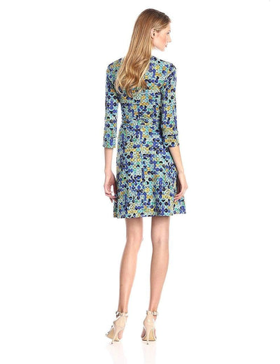 Taylor - Printed V-Neck Tie Waist Scuba Dress 5271M in Green