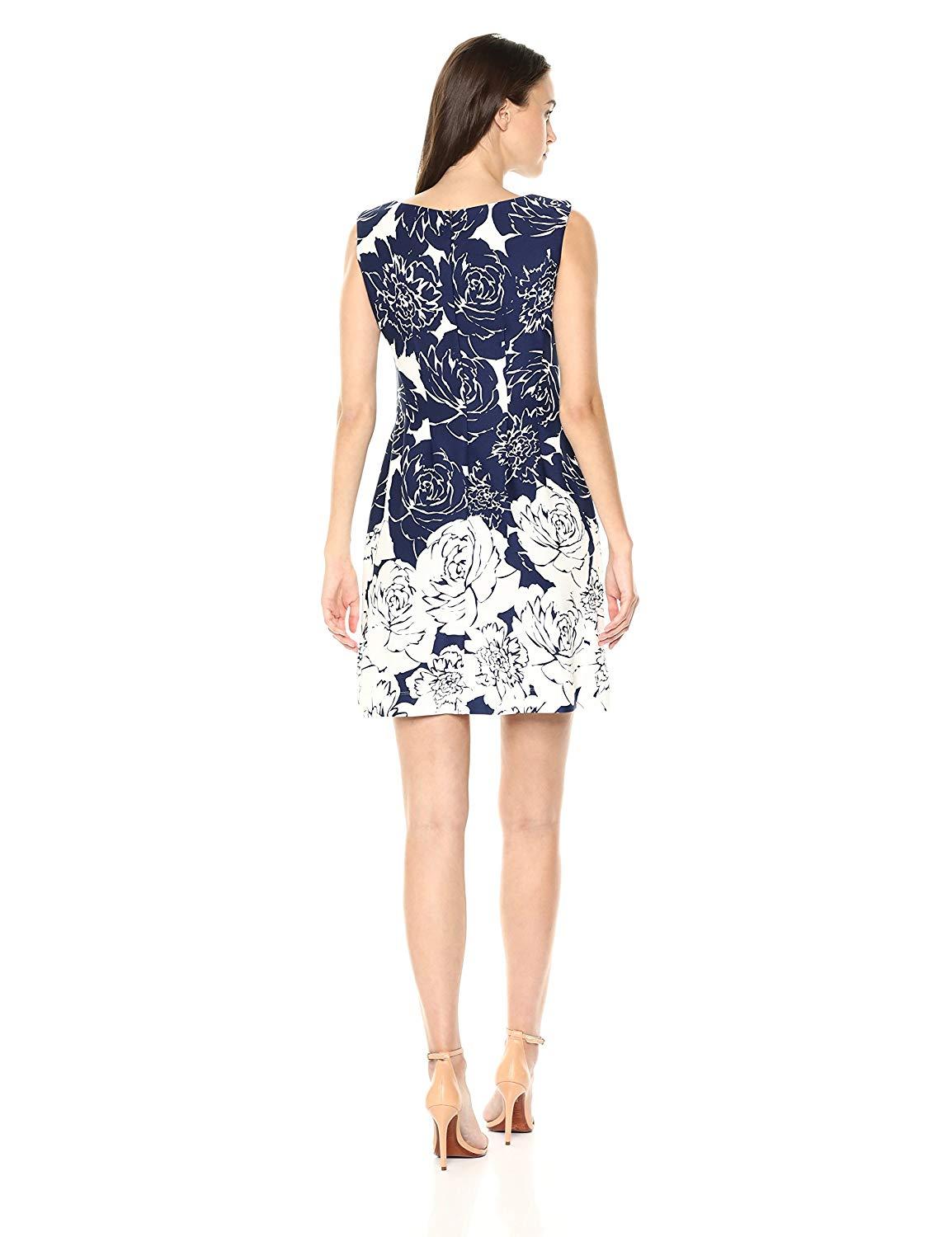 Taylor - 9792M Sleeveless Bateau Neck Floral Printed Ponte Dress In Blue and White