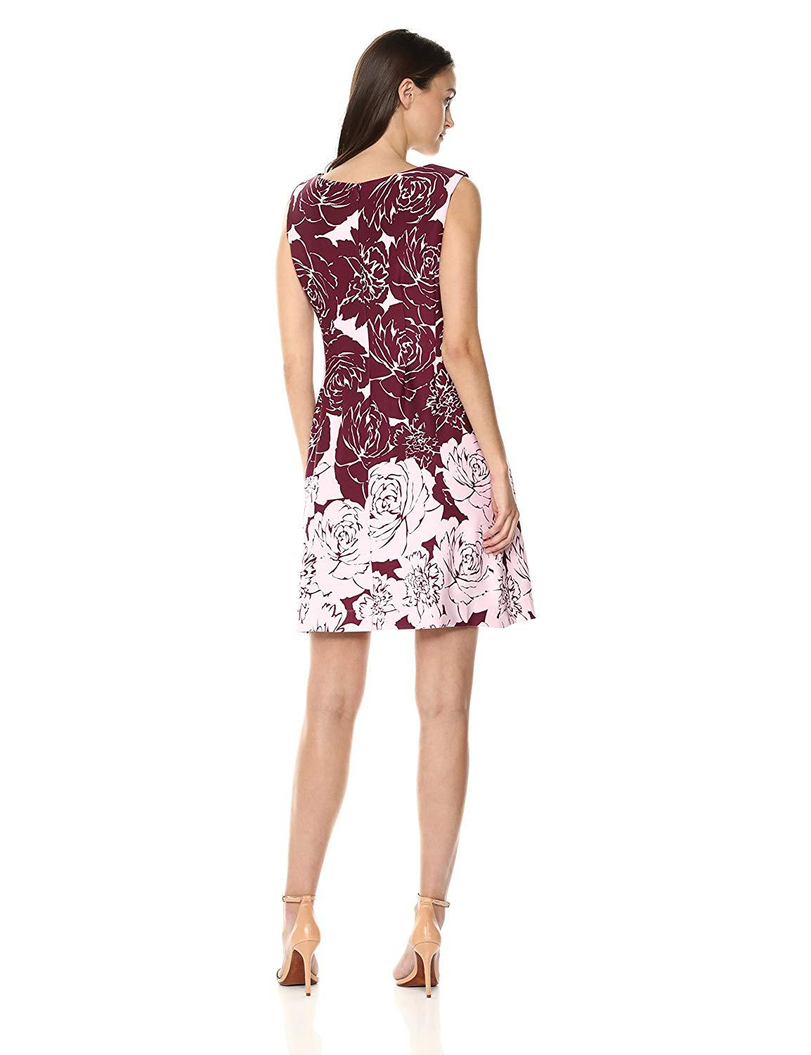 Taylor - 9792M Sleeveless Bateau Neck Floral Printed Ponte Dress In Red and Pink