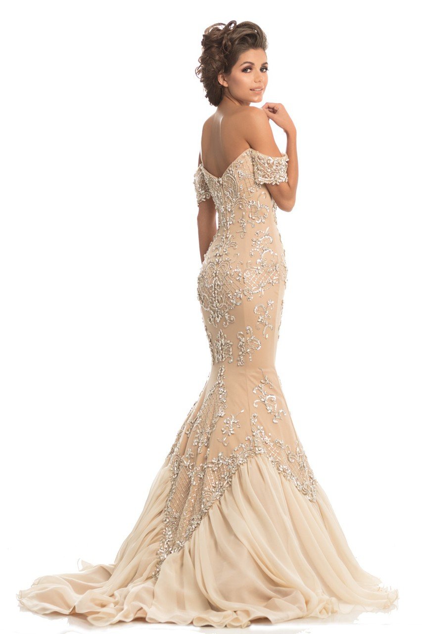 Johnathan Kayne - 8211 Crystal Adorned Off Shoulder Mermaid Gown in Neutral