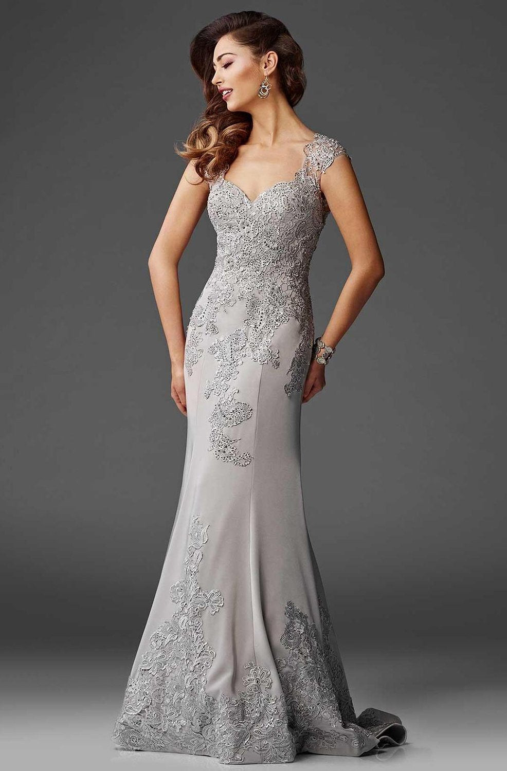 Clarisse - Sweetheart Lace Applique Evening Gown M6421 in Gray