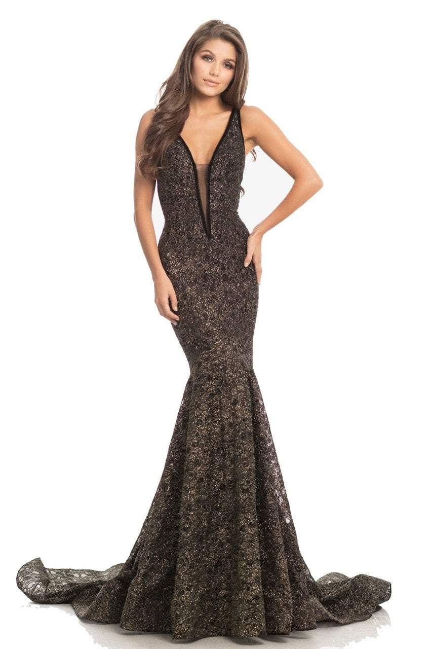 Johnathan Kayne - 8218 Deep V-neck Glitter Lace Mermaid Gown in Black and Gold