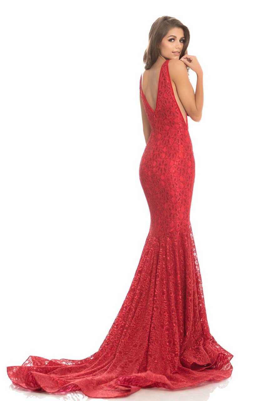 Johnathan Kayne - 8218 Deep V-neck Glitter Lace Mermaid Gown in Red
