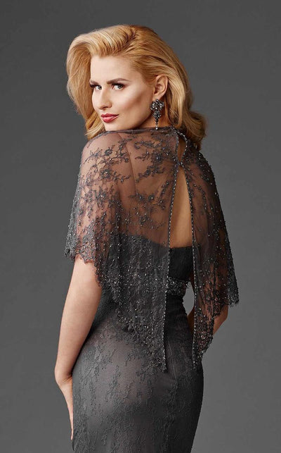 Clarisse - Beaded Lace Cape Sleeve Sweetheart Evening Gown M6435 In Gray